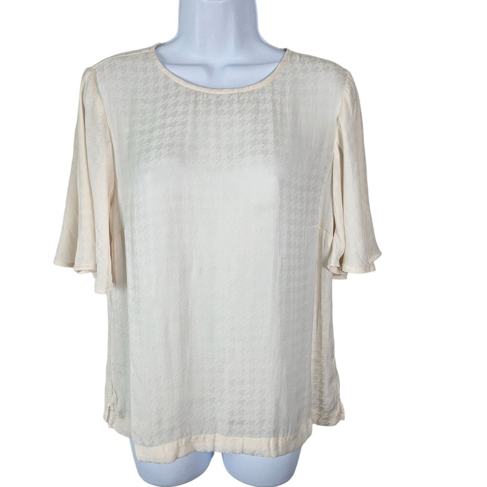 A New Day Womens Cream Houndstooth Pattern Sheer Blouse Size Small Casual Office